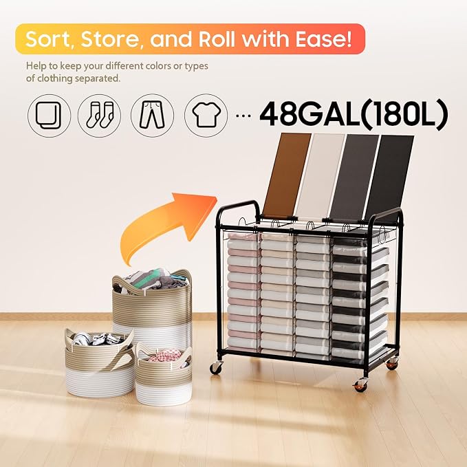 Laundry Sorter 4 Sections 48 Gal, Rolling Laundry Basket - Image 6