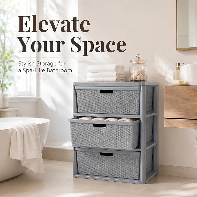 Wide 3-Drawer Plastic Storage Tower, Cross-Weave Floor Cabinet, tool-free - Image 6