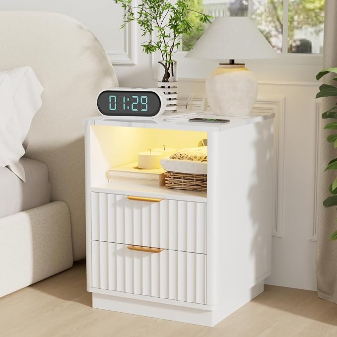 VOWNER Fluted Nightstand with Charging Station, 18” Night Stand with 2 Drawers - Image 7