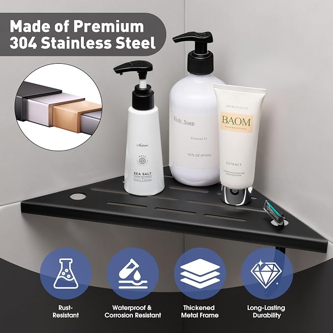 Corner Shower Shelf, 304 Stainless Steel Recessed Bathroom Shelves, No Drilling - Image 4