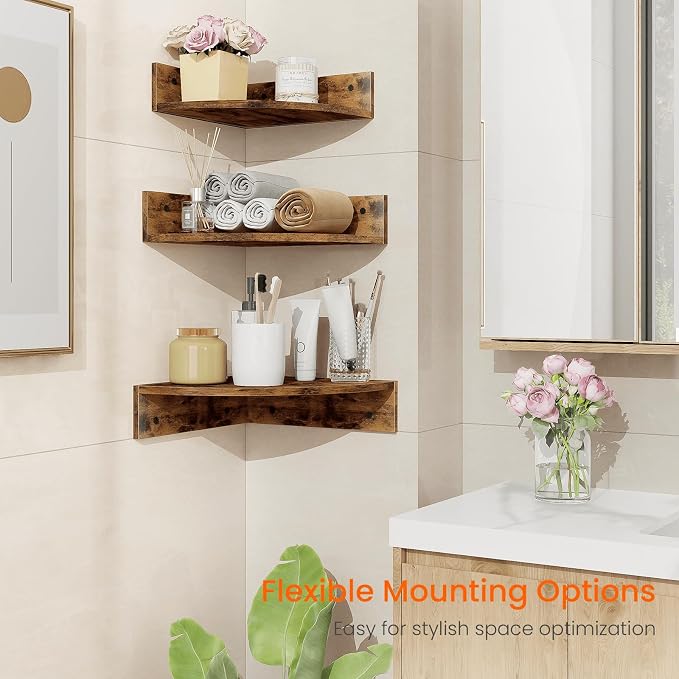 Corner Shelf Wall Mount, 3 Tier Wood Wall Display Shelf, Storage - Image 7