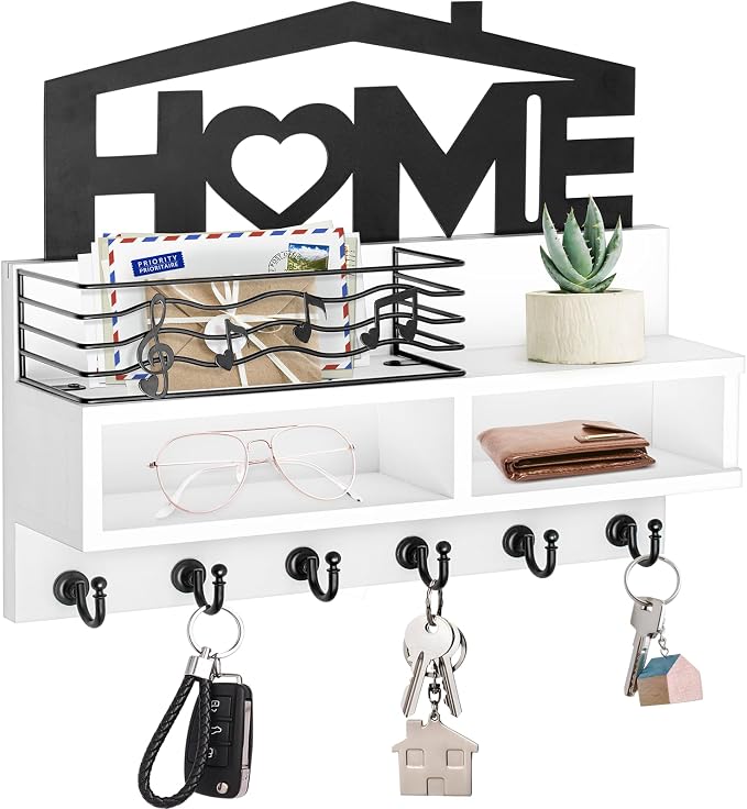 VIS'V Key Holder Wall Mount, Decorative Wood Mail and Key Organizer, Small Shelf by VISV