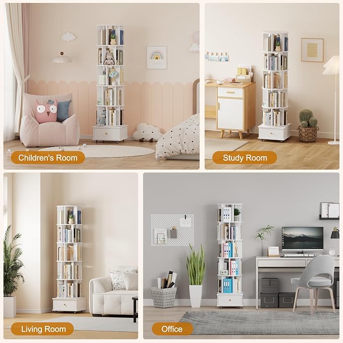 Rotating Bookshelf with Drawers on Lockable Wheels Wood White | 6 Tier Spinning - Image 8