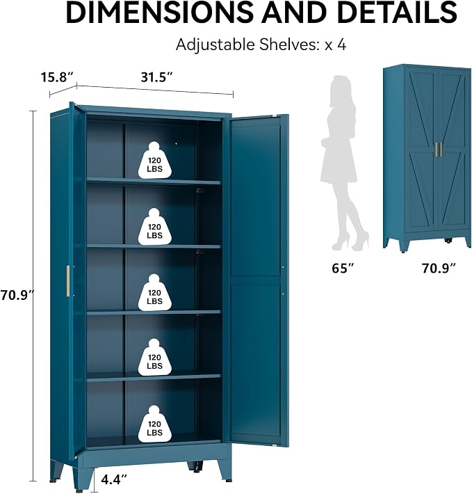 COFaR 71" Metal Pantry Cabinet in Peacock Blue, 5-Tier Storage - Image 2