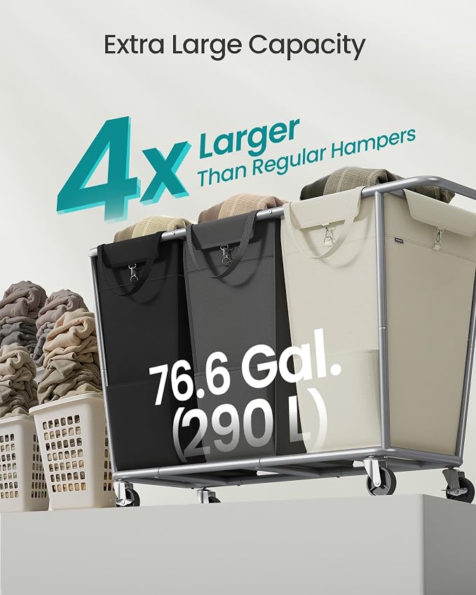 SONGMICS Laundry Basket with Wheels, 3-Section Laundry Sorter, 76.6 Gallons - Image 3