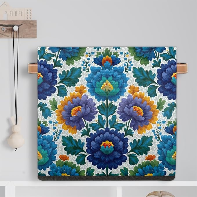 TropicalLife 13x13x13 Inch Large Fabric Storage Cube Blue Flowers Print - Image 6
