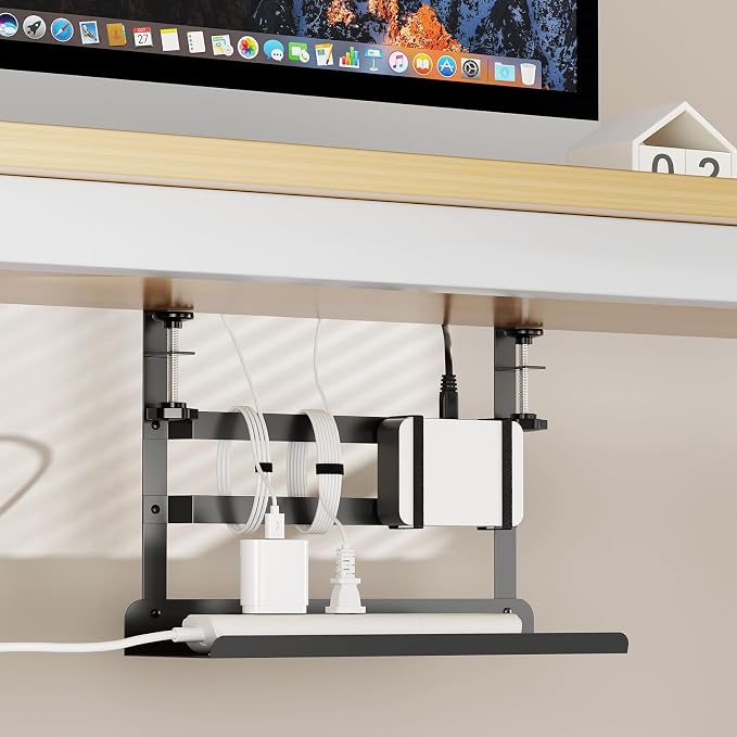 Yecaye Metal Under Desk Cable Management Tray, Clamp-On Desk Shelf | No Drill - Image 3