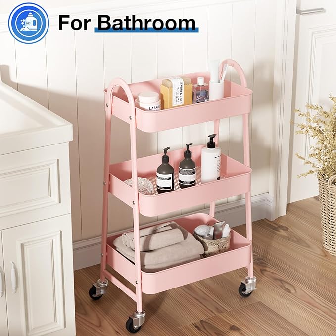 OLIXIS Metal 3 Tiers Utility Rolling Cart, Mobile Storage Shelf - Image 2