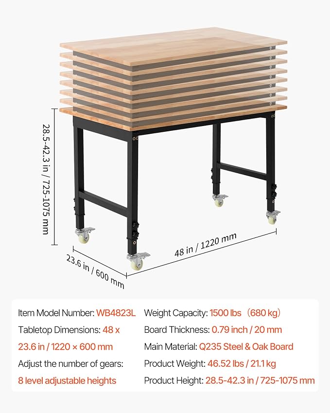 VEVOR Adjustable Workbench on Wheels, 1500 lbs Capacity, 48 x 24 Inch Oak Wood - Image 7