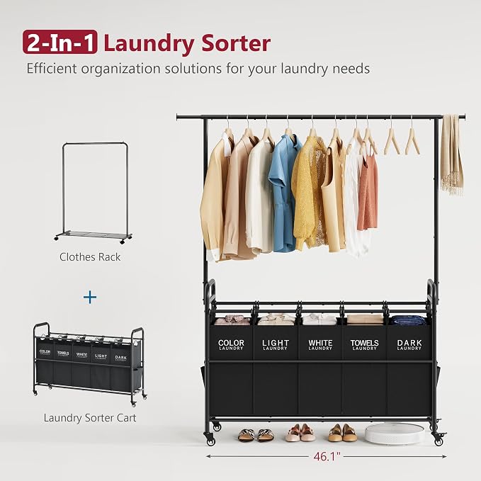 Tajsoon Laundry Sorter with Hanging Rack, 5 Section Laundry Sorter, Rolling - Image 3