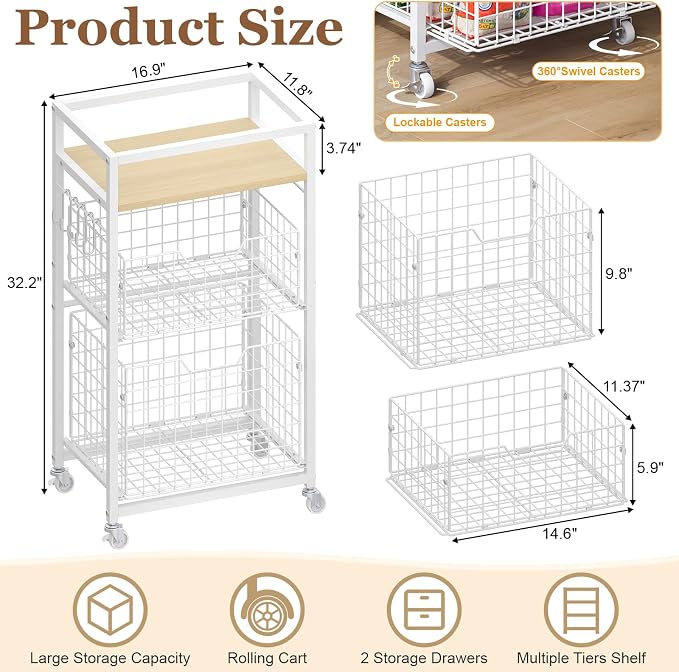 3 Tier Laundry Room Cart with Pull-Out Baskets, Utility Cart Rolling Storage - Image 7