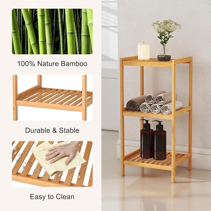 kinbor 3-Tier Bamboo Shelf Freestanding, Bathroom Standing, Natural Bamboo - Image 7