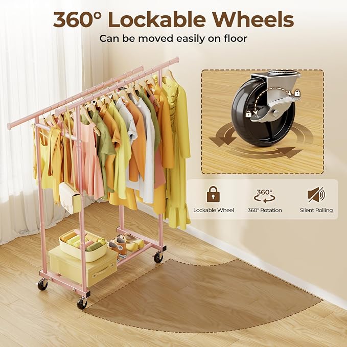 HYSEYY Double Rods Clothes Rack, Sturdy Rolling Clothing Rack, Portable - Image 4