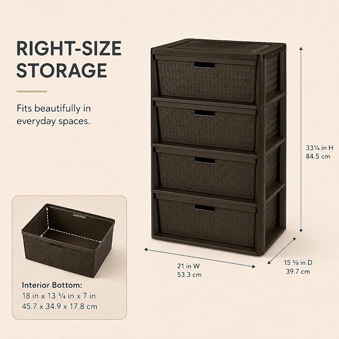 Wide 4-Drawer Plastic Storage Tower, Decorative Organizer Chest, BPA-free - Image 2
