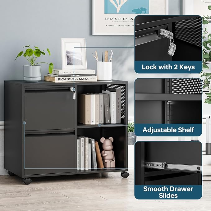 MIIIKO 2 Drawer File Cabinet on Wheels, Metal Filing Cabinets - Image 5