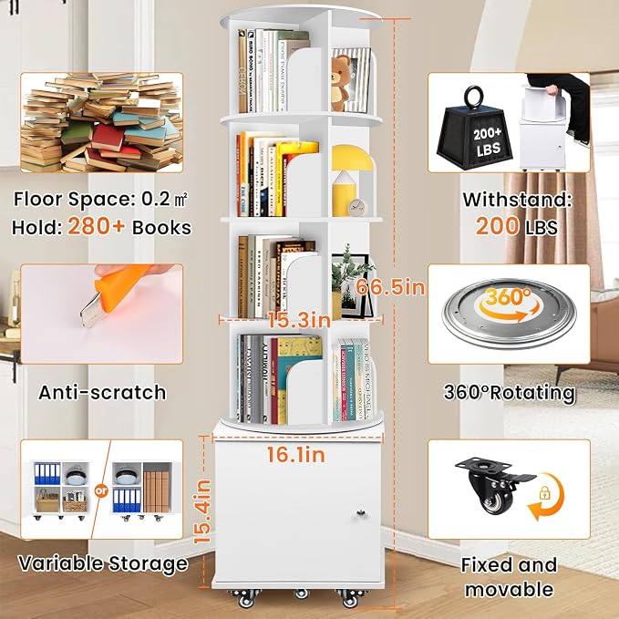 6 Tier Rotating Bookshelf Spinning Bookshelf Tower 360° Revolving Bookcase - Image 3