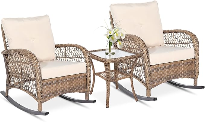 VIVIJASON 3-Piece Outdoor Conversation Bistro Set, Patio Wicker Rocking Chairs by VIVIJASON