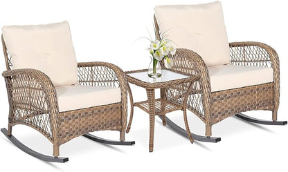 VIVIJASON 3-Piece Outdoor Conversation Bistro Set, Patio Wicker Rocking Chairs by VIVIJASON
