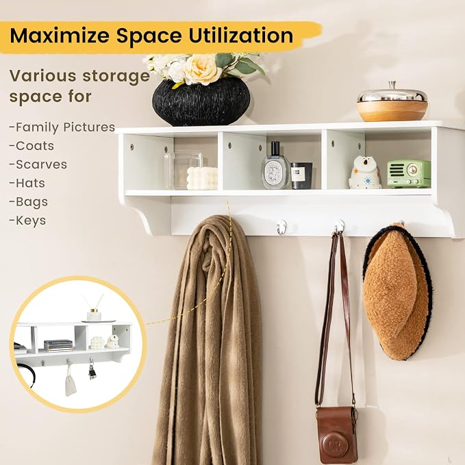 Giantex Hanging Shelf with Hooks Wall Mount Cubby Organizer with 4 Hooks and - Image 4