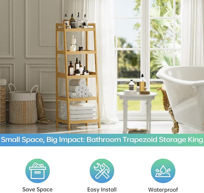 SMIBUY Bamboo Ladder Bookcase, Bathroom Storage Rack Organizer, 4 Tier and 5 - Image 6