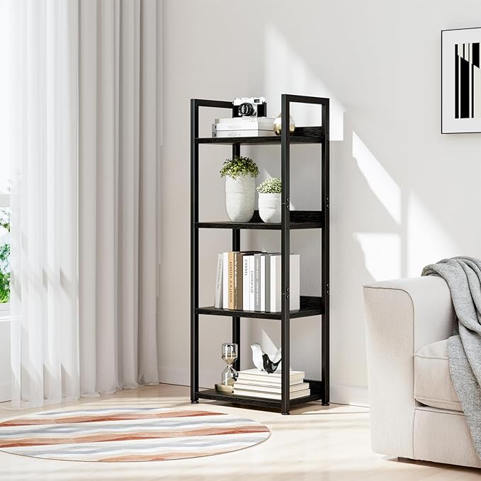 NUMENN Narrow Bookshelf, 4 Tier Freestanding Shelving Unit, Metal Frame & Wood - Image 2