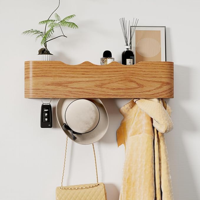 Coat Rack Wall Mount with Shelf 4 Hidden Hooks Modern Wooden Key Holder by Jadoxy