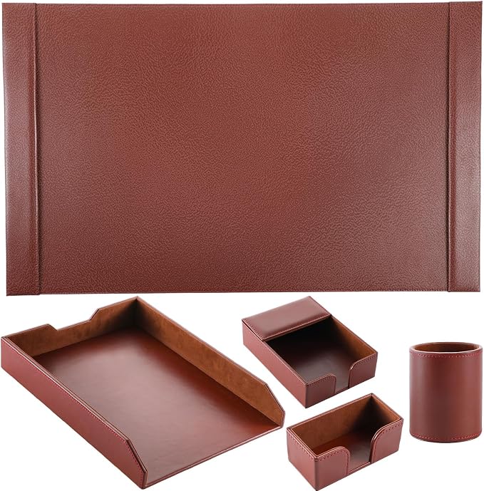 5 Pcs Bonded Leather Desk Organizer Accessories Set 30 x 18 Inch Leather Desk by Bornerwhite
