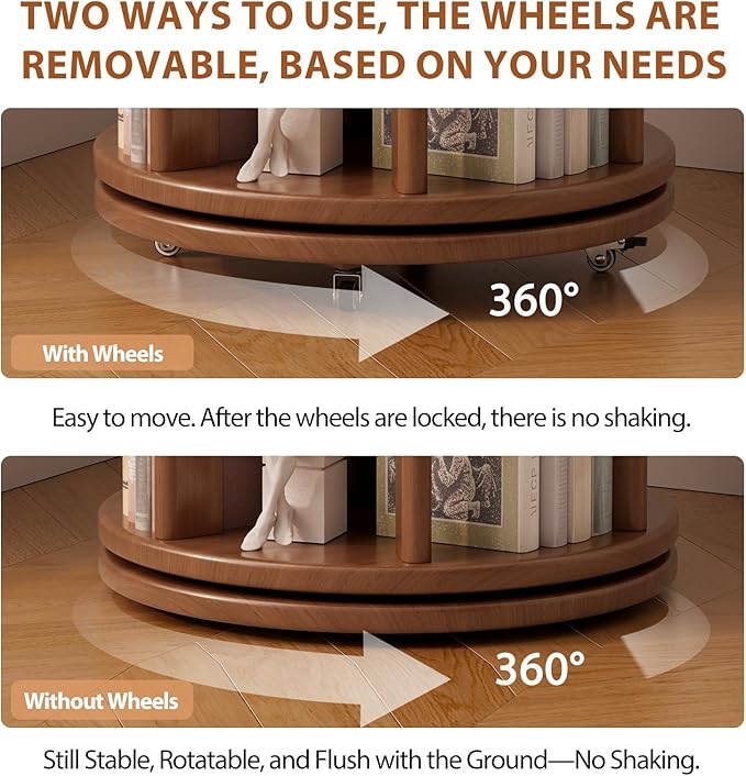 Solid Wood Rotating Bookshelf on Wheels, 6 Tier, Round Revolving Bookcase - Image 5