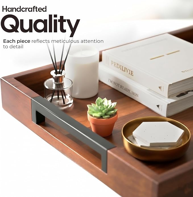 Acacia Wood Serving Tray with Handles, Large Wooden Ottoman & Coffee Table Tray - Image 8