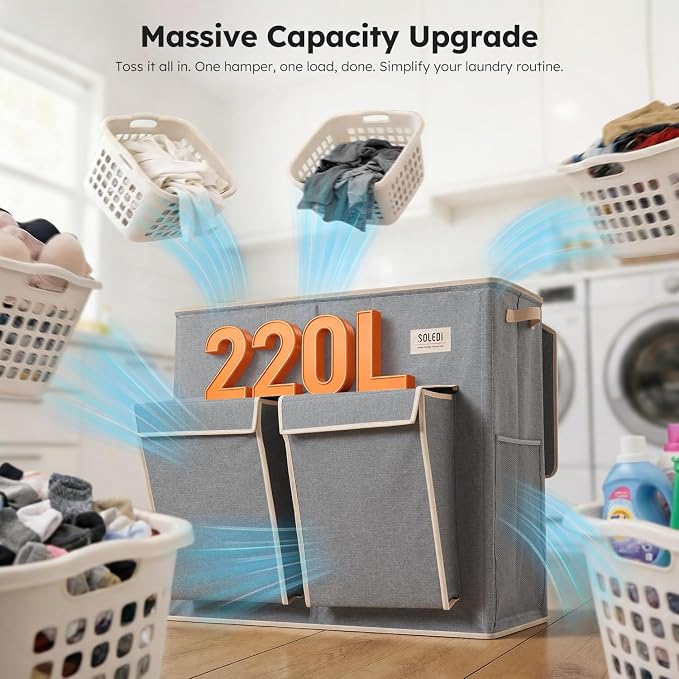 SOLEDI 220L Laundry Hamper 3 Section, Extra Large Laundry Basket - Image 3