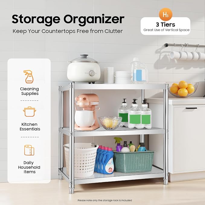 3 Tier Stainless Steel Shelves Heavy Duty Storage Rack Adjustable Kitchen - Image 3
