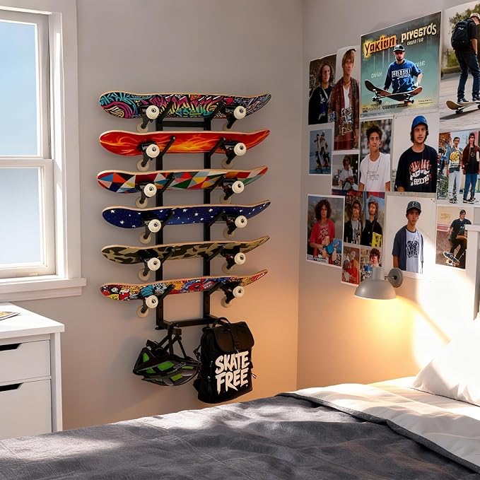 BiJun Skateboard Racks Floor Stand, 6-Layer Skateboard Wall Mount, Snowboard - Image 3