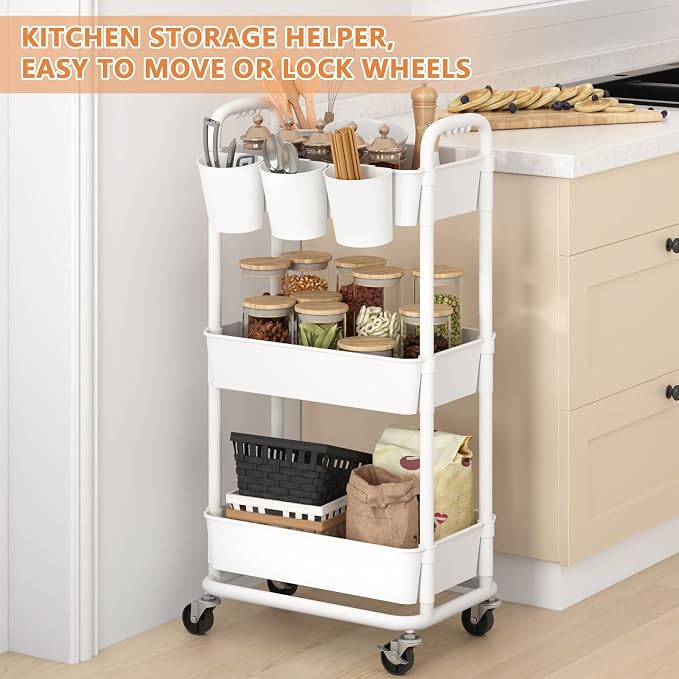 JIUYOTREE 3-Tier Plastic Rolling Storage Cart Utility Cart - Image 2