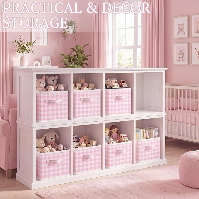 Yalikop 6 Pcs Pink Gingham Cube Storage Bins, 11 Inch Fabric Checkered - Image 5