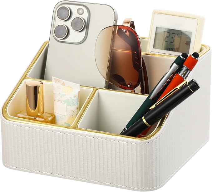 OMISTAR 4 Compartments Remote Control Holder, PU Leather Nightstand Organizer by OMISTAR
