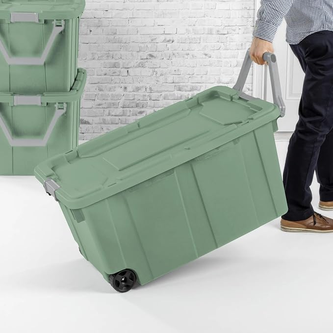 40 Gallon Wheeled Industrial Tote, Rugged Plastic Storage Bin, Latch Lid - Image 2