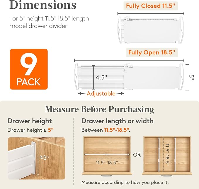 Lifewit 5" Tall 9 Pack Deep Drawer Dividers, 11.5-18.5" Expandable Drawer - Image 2