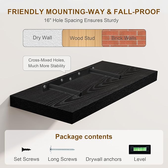 Fun Memories Black Floating Shelves 8 Inch Long, Small Deep Floating Shelf - Image 7
