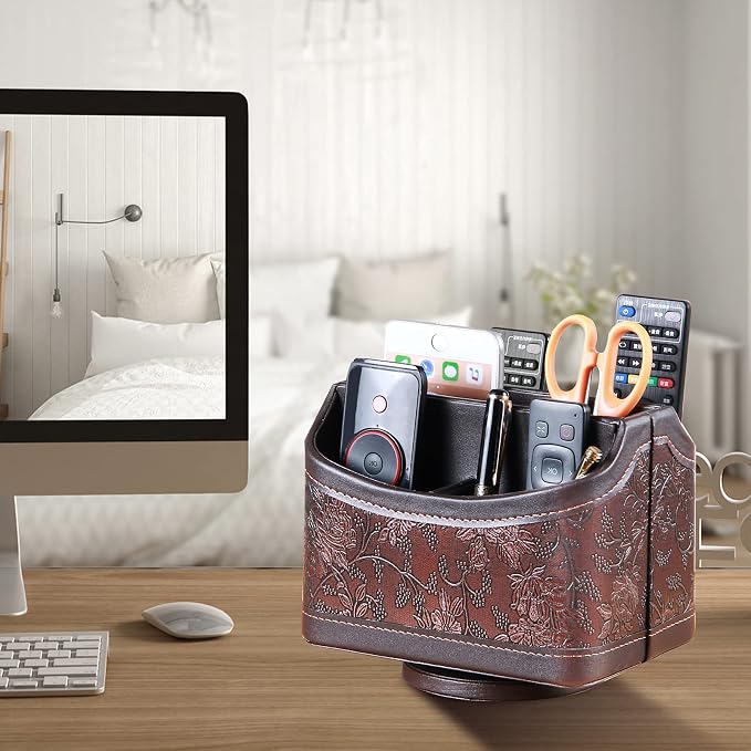 YAPISHI Antique Leather Remote Control Holder, 360 Degree Spinning Desk TV - Image 5