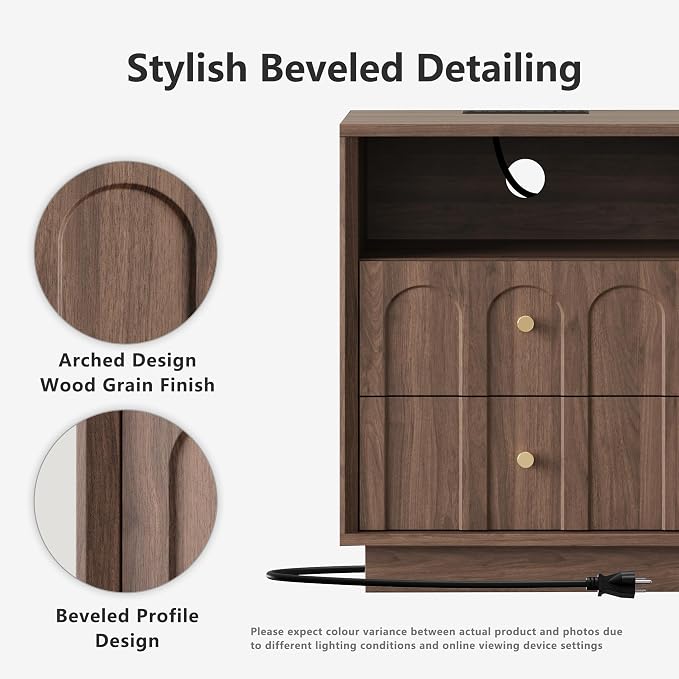 Nightstand with Charging Station, Mid Century Modern Nightstand with Arched - Image 3