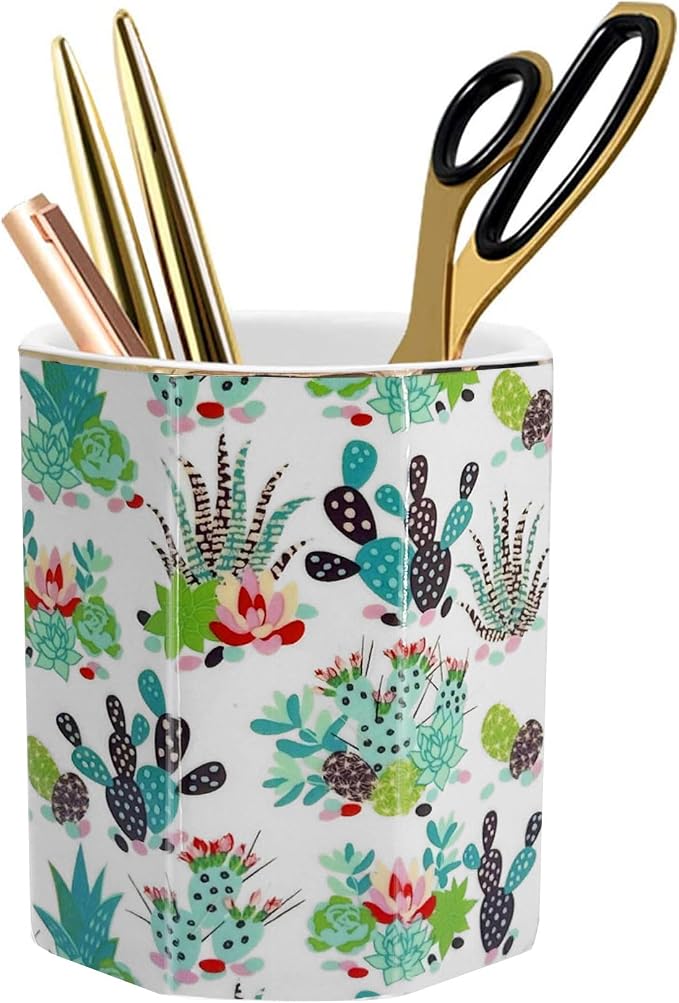Pen Holder, Makeup Brush Holder Ceramic Shiny Gold Tropical Cactus Floral - Image 8