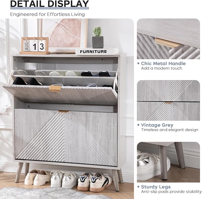 oakvivo Shoe Cabinet with 2 Flip Drawers, Freestanding Shoe Organizer with 4 - Image 5