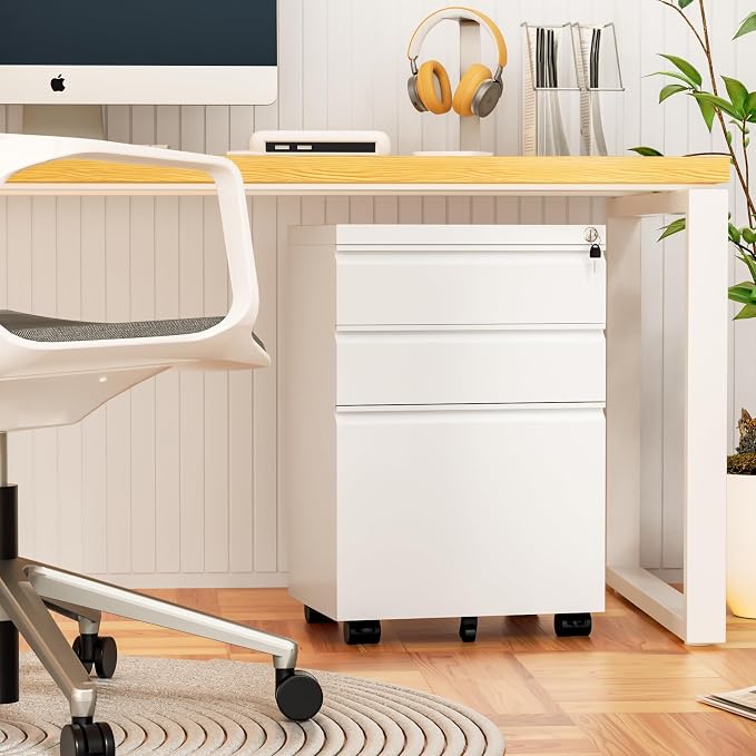 Bonusall 3 Drawer White File Cabinet, Fully Assembled Metal Rolling Filing - Image 8