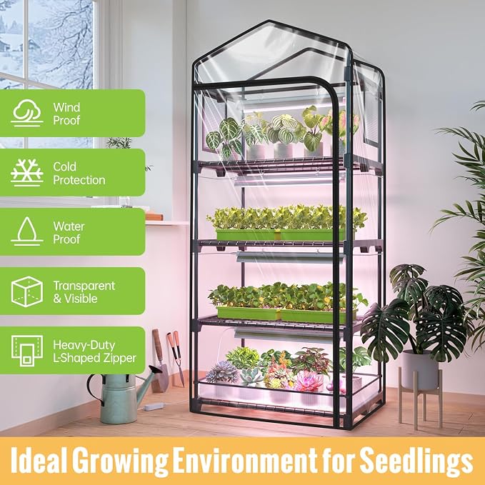 Mini Indoor Greenhouse with Grow Light, 4-Tier Plant Stand with Zippered Cover - Image 2