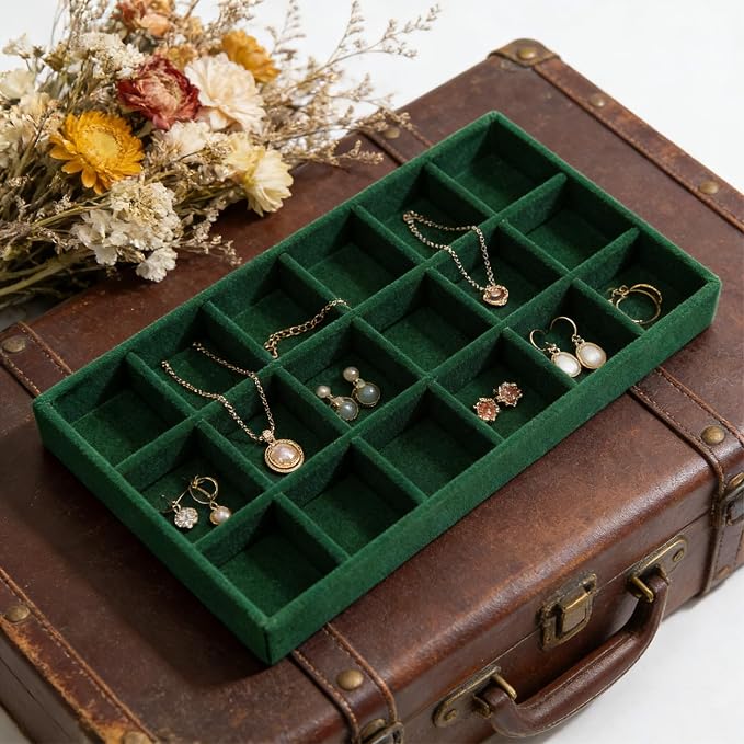 Velvet Jewelry Organizer Trays Dark Green 18 Grids | Stackable Jewelry Storage - Image 4