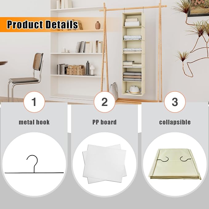 Hanging Closet Organizer, Easy Mount Foldable 6-Shelf Hanging Closet Wardrobe - Image 6