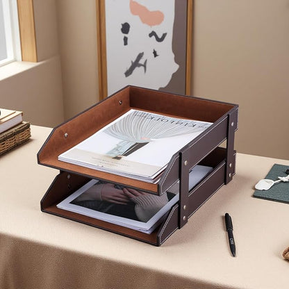 KINGFOM Letter Tray, Leather Paper Organizer Tray, Wooden Desk File Holder - Image 3