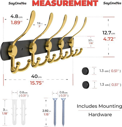Coat Rack Wall Mount with 5 Tri Hooks, Stainless Steel 16 Inch – Black & Gold - Image 2