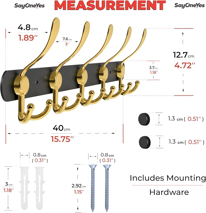 Coat Rack Wall Mount with 5 Tri Hooks, Stainless Steel 16 Inch – Black & Gold - Image 2