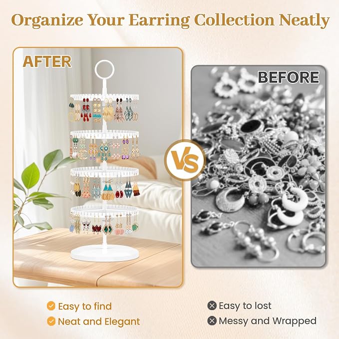 MODOWEY Rotating Earring Holder Organizer Adjustable Display, 4 Tiers White | - Image 6